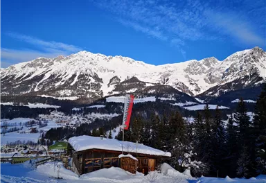 Eine malerische Berglandschaft mit schneebedeckten Gipfeln und einem klaren blauen Himmel. Im Vordergrund steht eine kleine Hütte, umgeben von schneebedeckten Bäumen.