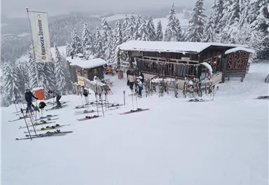 Eine verschneite Landschaft mit einem Skihütten und vielen Skiern, die abgestellt sind. Im Hintergrund sind hohe, schneebedeckte Bäume zu sehen.