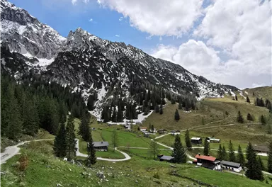 A picturesque alpine landscape with snow-covered mountains and green meadows. Small cabins and pine trees are scattered throughout the gentle hilly landscape.