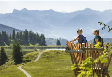 Two hikers stand on a viewing platform and enjoy the beautiful view of the mountains. The landscape is green and surrounded by mountains, with a clear sky in the background.