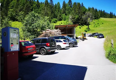 Ein Parkplatz in der Natur, umgeben von grünen Wiesen und Bäumen. Verschiedene Autos sind zu sehen, und im Hintergrund steht eine kleine Scheune.