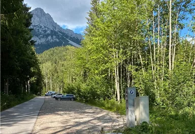 Eine ruhige Straße, umgeben von hohen Bäumen und Bergen im Hintergrund. Auf der Seite sind einige Autos geparkt.