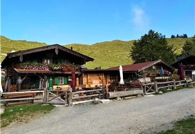 A charming old farmhouse with blooming flowers and rustic wood decor. In the background, you can see a green hillside landscape under a clear sky.