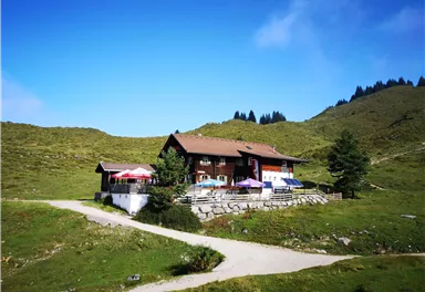 A cozy mountain house surrounded by green meadows. The blue sky and the surrounding hills create an idyllic atmosphere.