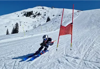 A skier quickly descends a slope, passing by a red gate. The snow is white and the mountains are visible in the background.