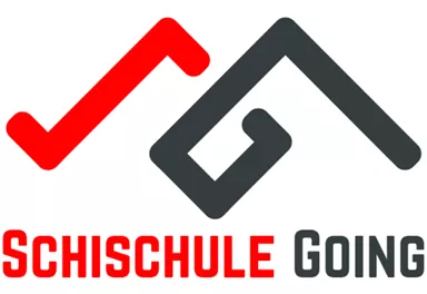 A modern logo of the skiing school Going. It features stylized mountains and the inscription "Schischule Going" in red and gray.
