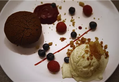 A delicious chocolate cookie with a scoop of vanilla ice cream. Accompanied by berries and fruit sauce artfully arranged.