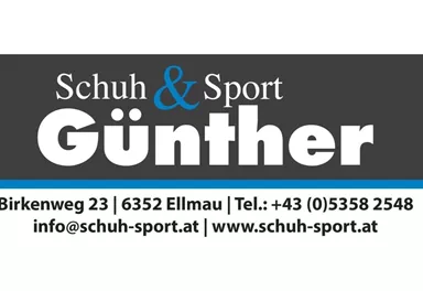 An advertising sign for shoe and sports goods. It shows the name "Günther" as well as contact details and the address.