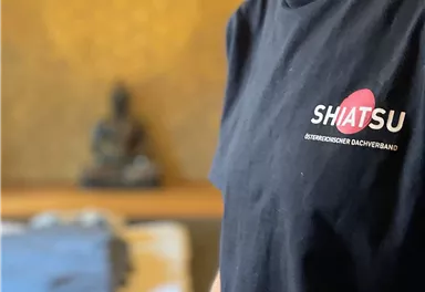 A man is wearing a black T-shirt with the inscription "SHIATSU". In the background, there is a decorative area featuring a Buddha statue.