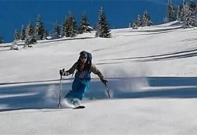 Ein Skifahrer fährt durch frischen, unberührten Schnee. Der Himmel ist klar und blau, umgeben von schneebedeckten Bäumen.