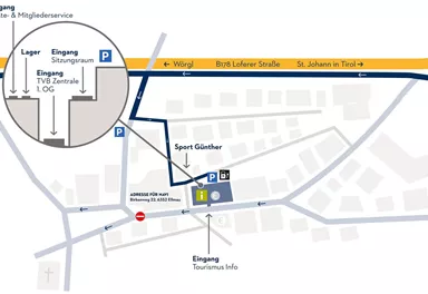 A map of the Wilder Kaiser area with marked entrances and important points. The overview shows the access routes and surrounding roads.