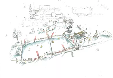 Ein Wintertag in den Bergen mit einer Eislaufbahn und vielen fröhlichen Menschen. Im Hintergrund sind schneebedeckte Bäume und ein gemütliches Chalet zu sehen.