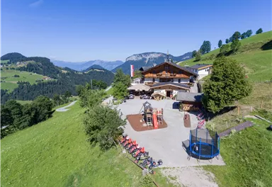 Eine malerische Berghütte umgeben von grünen Wiesen und Bergen. Der Außenbereich bietet Spielmöglichkeiten und eine entspannte Atmosphäre.