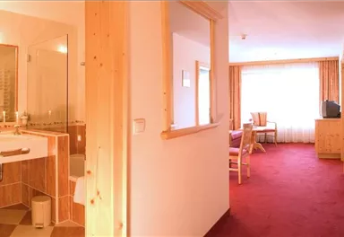 Ein gemütliches Zimmer mit einem Badezimmer und einer kleinen Kochnische. Das Zimmer hat einen warmen Teppich und große Fenster für viel natürliches Licht.