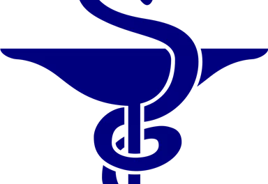 A blue medical symbol that depicts a snake winding around a chalice. This symbol is frequently used in pharmacy.