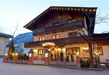 A traditional, multi-story hotel in alpine style with an inviting entrance. The façade is adorned with lights, while trees and shrubs are arranged around the building.