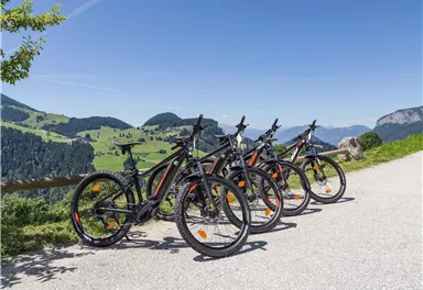 Fünf Mountainbikes stehen an einem malerischen Aussichtspunkt. Im Hintergrund sind grünen Hügel und ein blauer Himmel zu sehen.