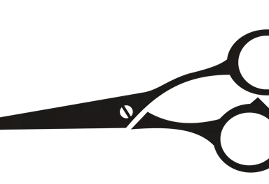 A black pair of scissors with round handles. It is closed and shows the sharp blades.