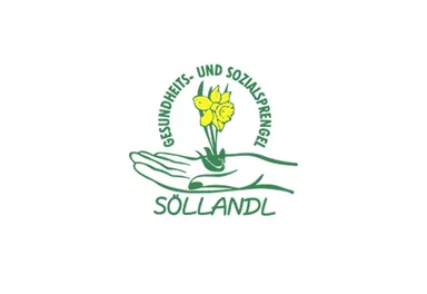 Ein Logo mit einer Hand, die eine Pflanze mit gelben Blumen hält. Darunter steht der Name "Söllandl" und es gibt den Text "Gesundheits- und Sozialsprengel".