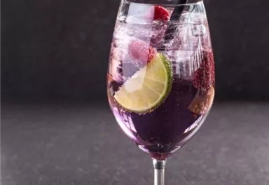 Ein elegantes Glas mit lila Getränk, garniert mit Limettenscheiben und Beeren. Der Drink hat einen bunten, sprudelnden Charakter und einen Strohhalm.
