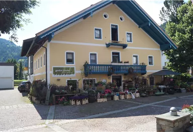 A charming yellow house with a blue balcony. In front of the house, there is a flower shop with many plants.