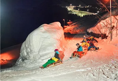 Eine Gruppe von Menschen fährt mit Schlitten einen schneebedeckten Hügel hinunter. Die Szene ist nachts beleuchtet und vermittelt eine fröhliche Winteratmosphäre.