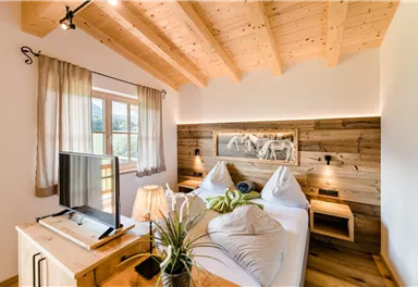 A cozy bedroom with wooden ceilings and warm tones. There is a double bed, a television, and some decorative plants.
