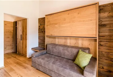 A modern living room with a gray sofa and a green pillow. The walls are made of wood and there is an open space with a wardrobe.