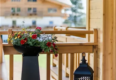 A cozy terrace with a flower pot and a lantern. Wooden houses are visible in the background.
