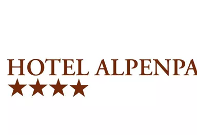 Das Logo des Hotels Alpenpanorama mit einem Wappen und vier Sternen. Elegantes Design, das Luxus und Gastfreundschaft vermittelt.