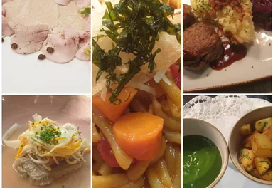 Ein ansprechendes, kulinarisches Arrangement mit verschiedenen Gerichten. Die Speisen umfassen Fleisch, Pasta, Gemüse und eine grüne Suppe, alles kreativ angerichtet.