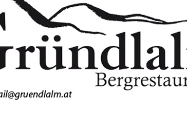 The logo of the mountain restaurant Gründlalm features stylized mountain lines and the inscription "Bergrestaurant". It conveys a cozy and alpine atmosphere.