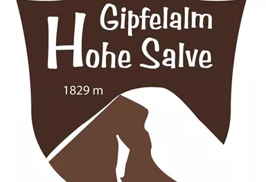 A logo of the Gipfelalm Hohe Salve with a stylized mountain silhouette. It shows the height of 1829 m and has a rustic, appealing design style.