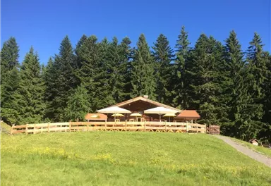 A rustic house surrounded by dense, green forests. On the terrace, there are umbrellas and tables for relaxation.