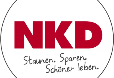 A logo of NKD. It contains the slogan: "Wonder. Save. Live more beautifully."