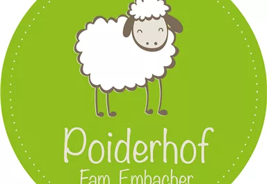 A cute drawn sheep on a green background. Below it is the inscription "Poiderhof Fam. Embacher".