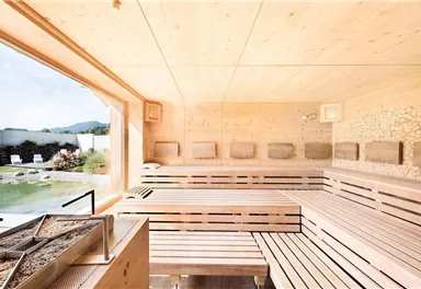 A modern sauna interior made of light wood. Large windows provide a view of the outdoor area with a green space.
