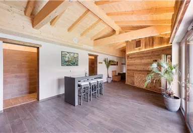 Ein modernes und offenes Wohnzimmer mit Holzdecken und einem Esstisch. Der Raum ist hell und einladend, mit Pflanzen und warmen Holznuancen.