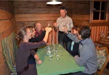 Eine Gruppe von fünf Personen sitzt an einem Tisch in einer gemütlichen Holzhütte. Sie stoßen mit Gläsern an und feiern gemeinsam.