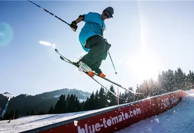 A skier jumps over a railing on a snow-covered slope. In the background, forests and mountains can be seen under a clear blue sky.