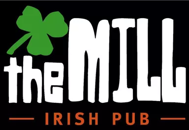 A logo for an Irish pub named "The Mill". It features a three-leaf clover and a striking font.