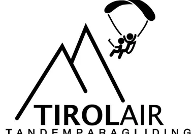 A simple logo featuring stylized mountains and a tandem paraglider. Below it reads "TIROLAIR TANDEM PARAGLIDING".