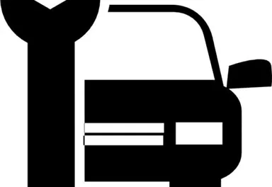 A black-and-white symbol of a car next to a wrench. This image represents auto repair and workshop services.