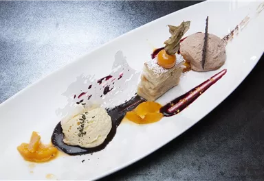 An artistically arranged dessert on a long white plate. It contains a variety of sweets and fruits that are presented in an aesthetically pleasing way.