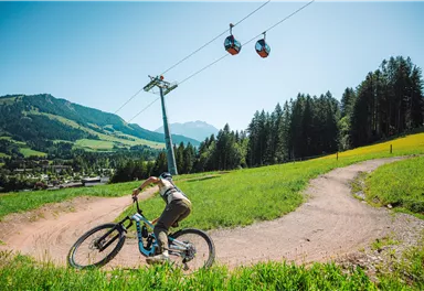 A mountain biker rides on a winding path through a green meadow. Nearby, gondolas traverse the landscape.