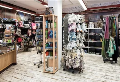 Ein Geschäft mit einer Vielzahl von Produkten, darunter Kleidung, Souvenirs und Accessoires. Regale und Ständer sind gut gefüllt und der Boden ist in hellem Holzdesign.
