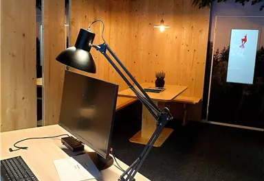 A modern office with a desk, a computer, and a desk lamp. The walls are made of wood, and there are decorative plants in the room.