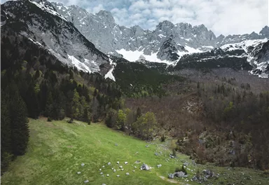 Eine beeindruckende Berglandschaft mit schneebedeckten Gipfeln und einer grünen Wiese. Die Gegend ist von Wäldern umgeben und hat einen bewölkten Himmel.