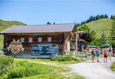 A rustic mountain cabin surrounded by green meadows and mountains. Two hikers are walking on the path to the cabin.
