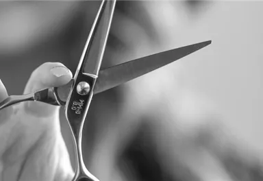 A person is holding scissors in their hand. The background is blurred, so the focus is on the scissors.